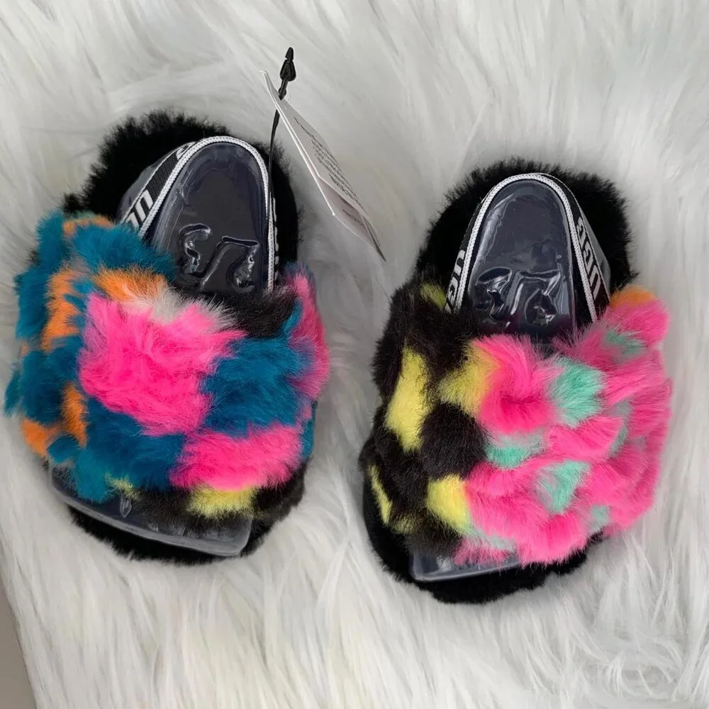 NWT UGG Fluff Yeah Checks Slide baby sandals, 02/03 6-12 mos